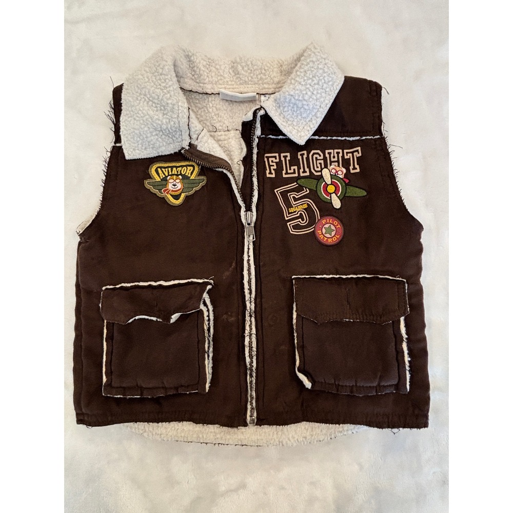 BT Kids Boys Aviator Flight Vest Brown Sherpa Lined Faux Suede Size 4 4T